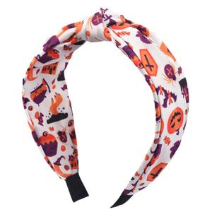 Halloween Headband for Women - White Knotted Hair Band with Pumpkin Bat Graveyard Patterns, Funny Headbands for Trick-or-treat, Halloween Party Hair Accessories for Spooky Festival Costume 1Pcs