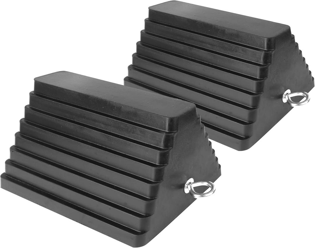 MaxxHaul Rubber Wheel Chock 2 Pack, Large 10" x 8" x 6" Heavy Duty Tire Stop with Non Slip All Weather Grip, Oil Resistant Rubber Block with Steel Eyebolt for Vehicle and Trailer Safety (80681)
