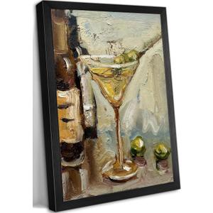 Framed Vintage Olive Martini Glass Cocktail Canvas Wall Art Still Life Bar Cart Paiting Pictures Wall Decor Posters Print for Kitchen Bar Cart Dining Room Home Decoration
