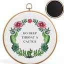 Botanical Cactus Wreath Wall Art Decor, Go Deep Throat A Cactus Wall Decor, Funny Sayings Wall Decor, 10x10"Round Canvas Framed Wall Art, Hanging Wall Decor for Living Room Bedroom Farmhouse