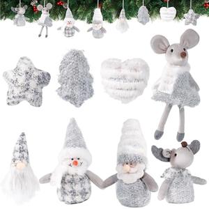 Christmas Tree Decorations Set of 8, Handmade Plush Silver Hanging Ornaments, Mice, Gnomes, Star, Heart, Tree, Deer, Snowman and Santa, Christmas Decorations for Home