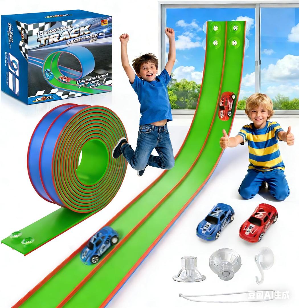 Flexible Race Track for Kids 15 Feet of DIY Flex Track Race with 2 Cars & 3 Strong Suction Cups Car Ramp Toy Track, for Kids Ages 3+, Blue Green
