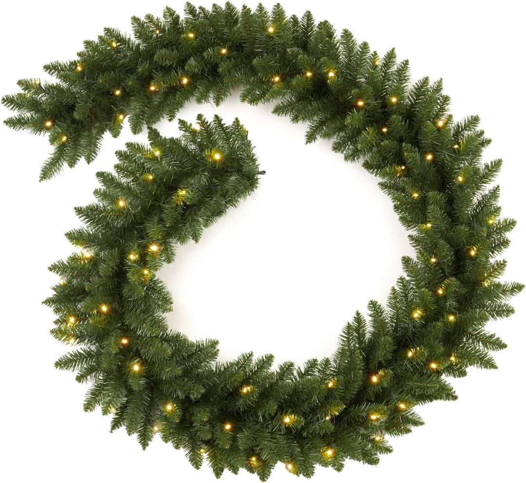 9 FT Pre-Lit Christmas Garland Holiday Artificial 50 Led Light for Stairs Wall Door Indoor Outdoor Garland with Battery Operated Timer, for Home Decorations Fireplaces (Green PVC 9FT)