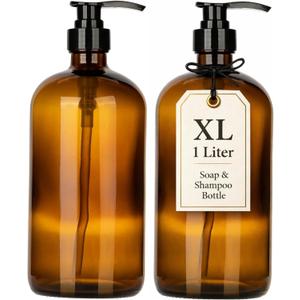 32 Ounce Glass Shampoo and Conditioner Dispenser Bottle with Pump, Shower - 1 Liter Body Wash Dispenser for Shower & Laundry Detergent Dispenser- by Kitchentoolz - Set of 2