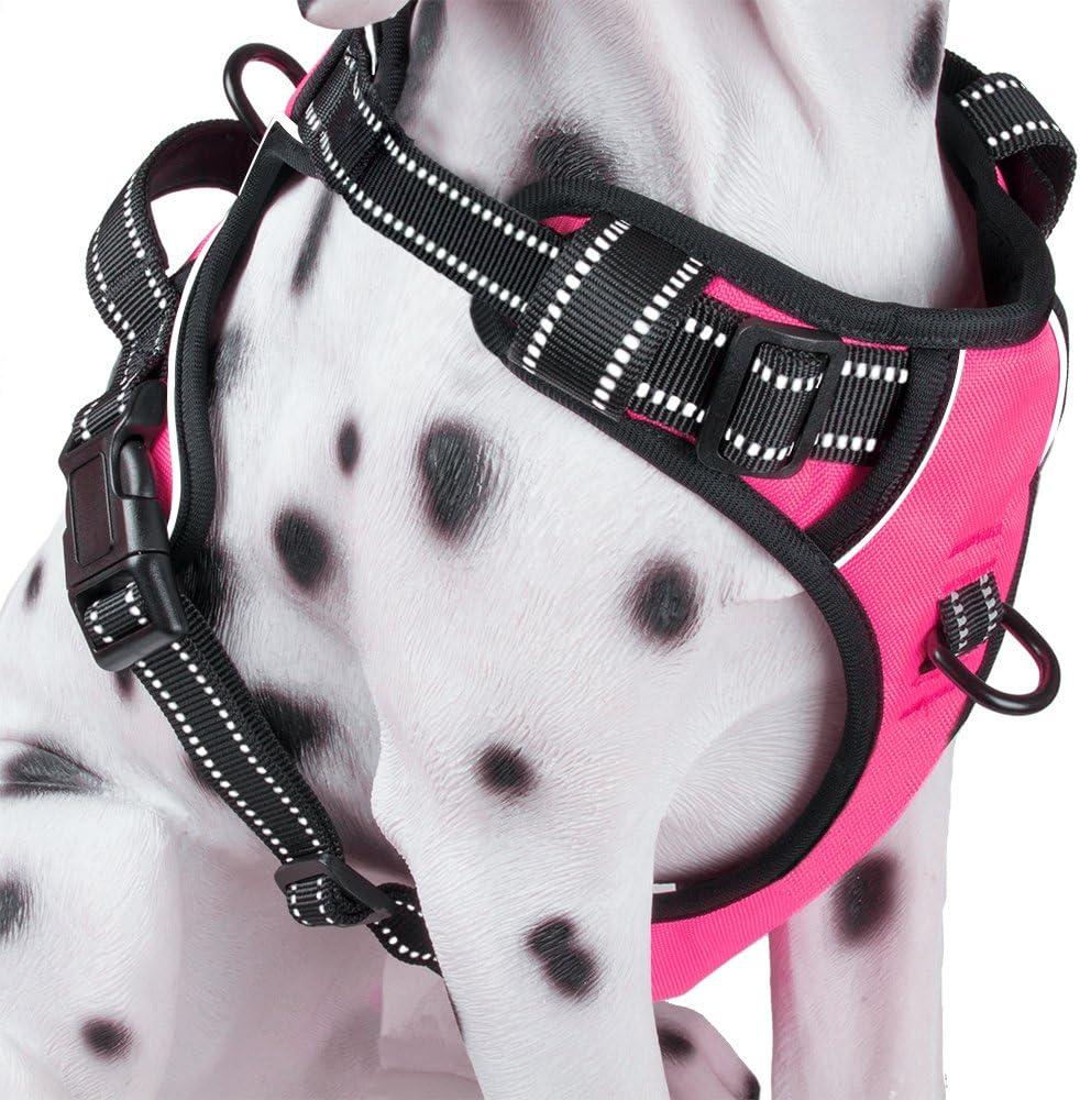 PoyPet No Pull Dog Harness, Reflective Comfortable Vest Harness with Front & Back 2 Leash Attachments and Easy Control Handle Adjustable Soft Padded Pet Vest for Small to Large Dogs (Pink, M)