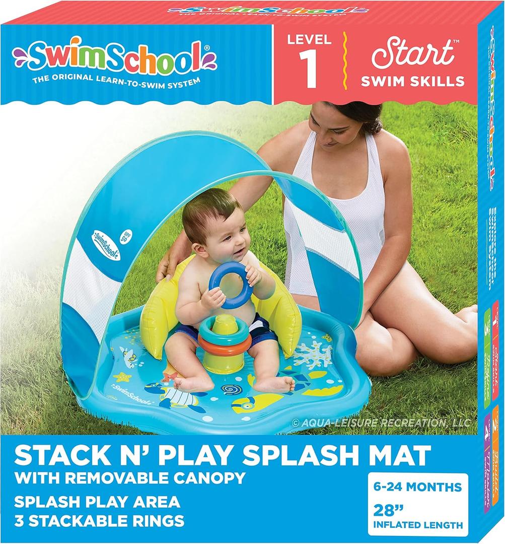 SwimSchool Infant Baby Pool Floats, Free Swimming, Super Buoyant  Ages 6-24 Months  Multiple Colors/Styles  Adjustable Canopies and Seats, Splash & Play Baby Floaties (Seafoam Blue and Lemon W/ Seat & Canopy)