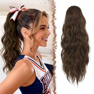 FESHFEN Ponytail Extensions - Drawstring Ponytails Hair Extension Long Curly Wavy Hair Piece Synthetic Pony Tail Hairpieces for Women, Brown & Light Auburn Mixed 18 inch