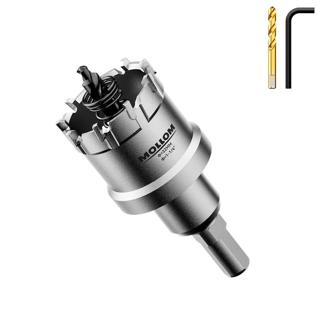 Mollom (1-1/4''|32mm) Heavy Duty Carbide Hole Saw with 2 Pilot Drill Bits, Hole Cutter cuts Stainless Steel, mild Steel, Iron, Copper, Brass, Plastic