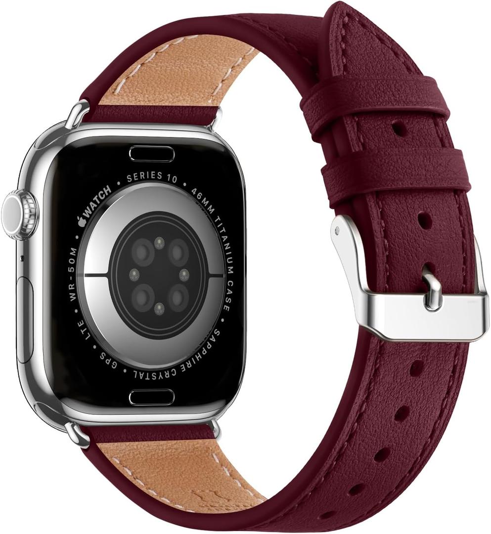 Bestig Leather Bands Compatible with Apple Watch Band 38mm 40mm 41mm 42mm(Series 10 11) for Women Men, Wristband Strap for iWatch SE3/2/1&Series 9 8 7 6 5 4 3 2 1 (Wine+Silver)