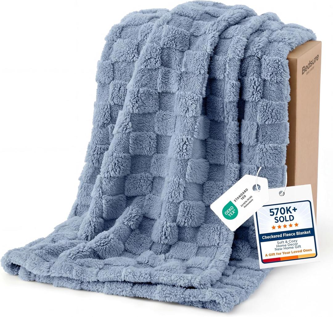 Bedsure GentleSoft Ashley Blue Throw Blanket for Couch - Checkered Fleece Blankets Gifts for Kids Girls, Cute Soft Cozy Throw for Bedroom Home Decor Gifts, 50x60 Inches
