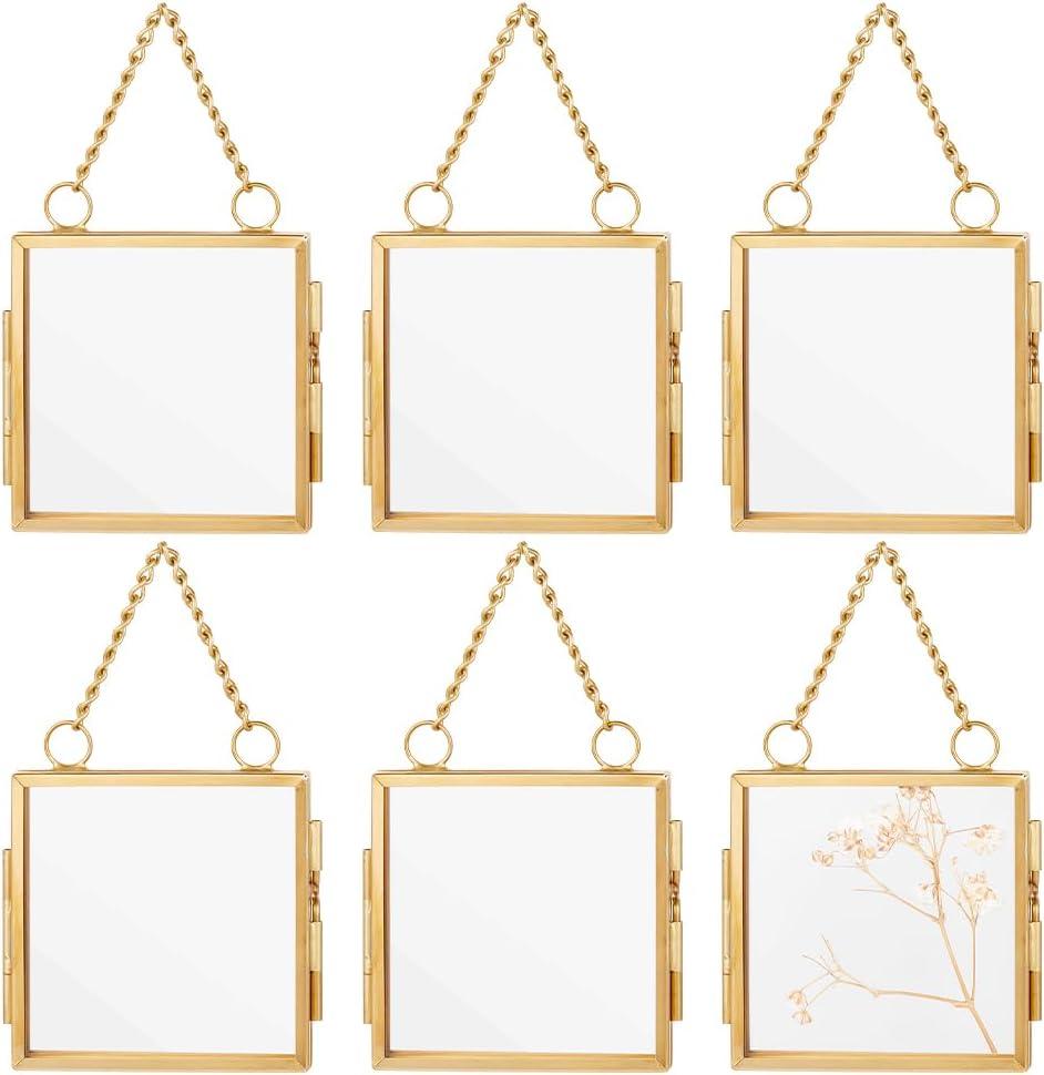 OLYCRAFT 6pcs Gold Mini Glass Hanging Frame 2.1x2.1 Inch Gold Metal Picture Frames Clear Double Glass Floating Frames Hanging Artwork Display Frame for Pressed Flowers Leaf and Artwork