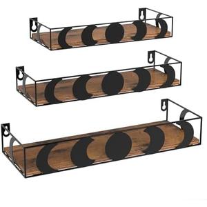 PHAREGE Black and Brown Floating Wall Shelves, Set of 3 Moon Phase Decorative Small Shelves for Bedroom Kid Room, Display Shelf for Crystal Collectibles Figurine