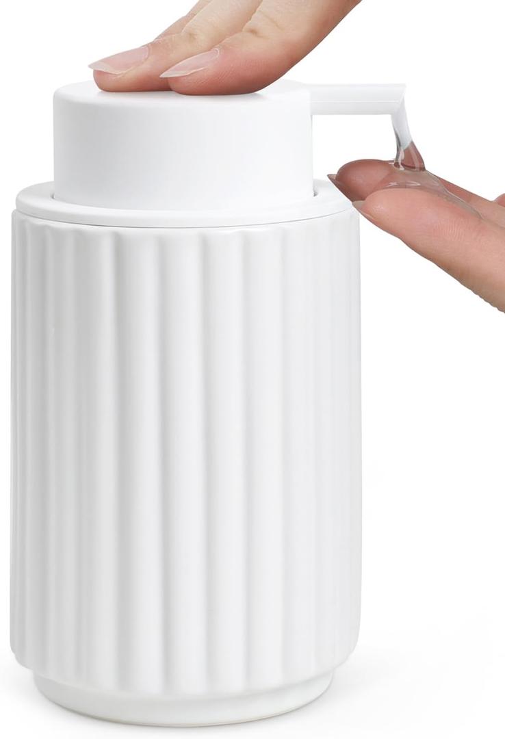 Soap Dispenser, Liquid White Ceramic Refillable Hand Soap Pump for Bathroom Kitchen, 10.5OZ Lotion Dispenser Dish Soap Dispenser, Modern Stripe Design, ANTIS'S HOME