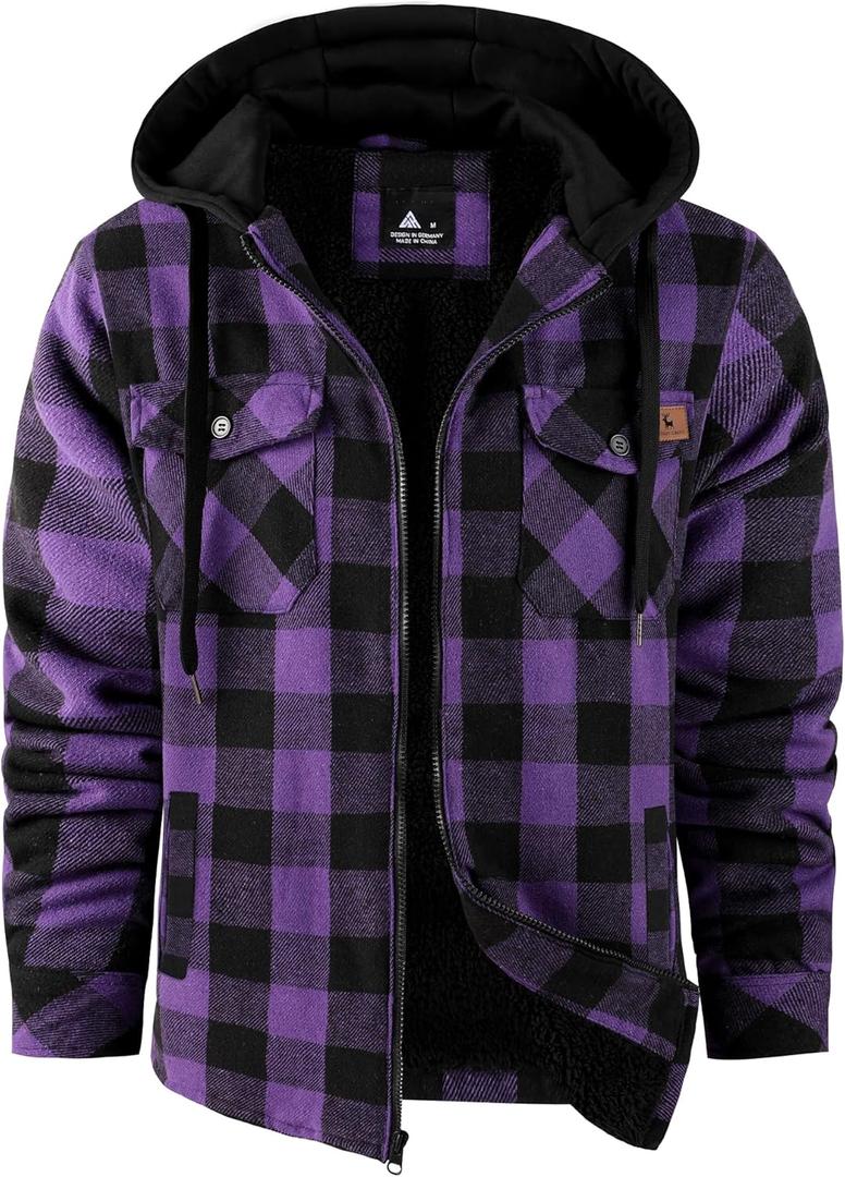 Men's Thick Fleece Plaid Jacket Flannel Shirts Sherpa Lined Full Zip Up Hoodie Winter Coat with Pockets (Large, Dark Purple)
