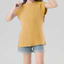 Girls Cap Sleeve T Shirts Kids Summer Crewneck Solid Tops Tees 5-14 Years (Yellow)
