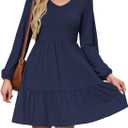 AUSELILY Womens Long Sleeve Dress 2025 Fall Casual V Neck Tiered Swing Flowy A-line Mini Short Dresses with Pockets (XXXL)