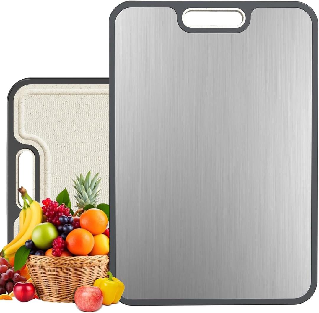 Stainless Steel Cutting Boards for Kitchen,Cutting Board Double Sided,304 Stainless and Wheat Straw PP Chopping Board,Non slip Easy to Clean Kitchen Cutting Board,Dishwasher Safe,Non Toxic (16*11 In)