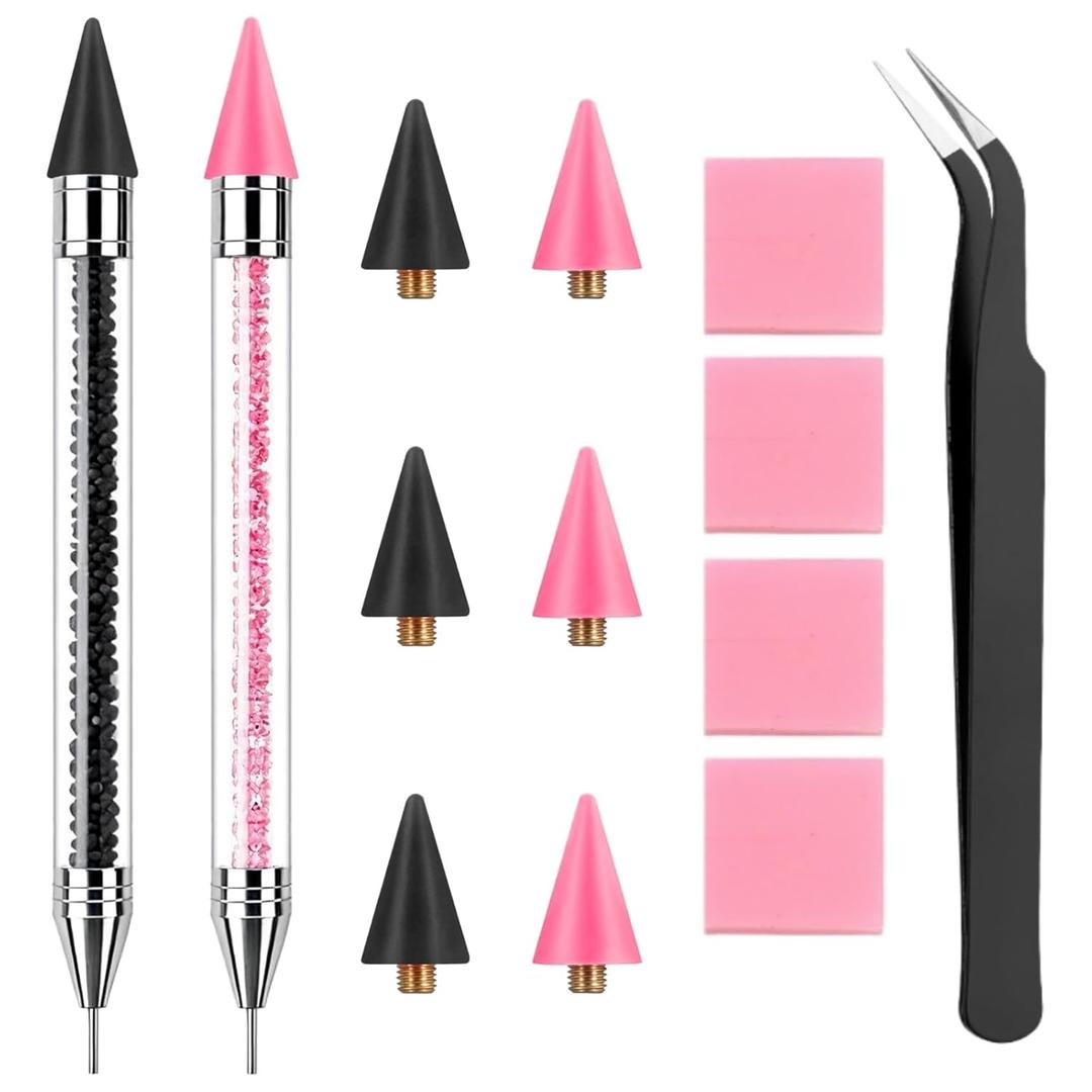 2 Pack Rhinestone Picker Tool Dotting Pen with 6 Wax Tips, Wax Pencil for Rhinestones with Tweezers, Gem Picker Pen Diamond Jewel Applicator, Rhinestone Tools Kit for Bedazzling DIY Nail Art (Black & Pink)