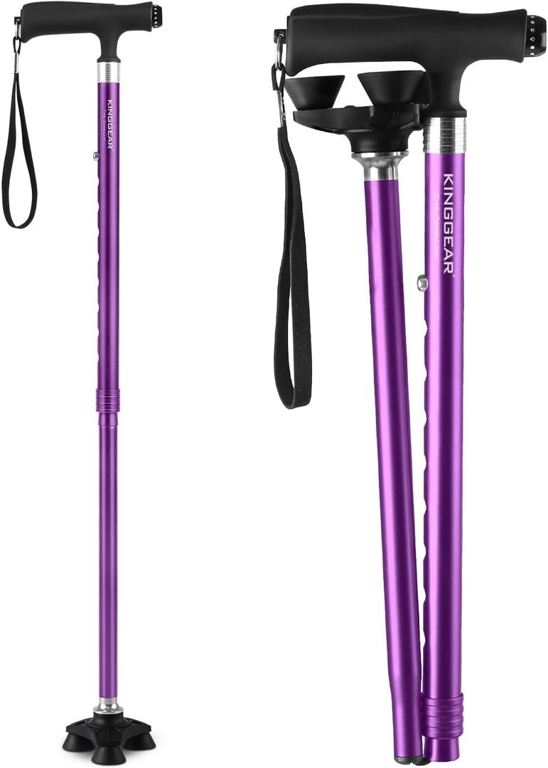 KINGGEAR Walking Cane for Women & Men, Adjustable Lightweight LED Walking Stick with Autonomous Standing, Large Sturdy 360 Swivel Base Crutches Cane for Senior
