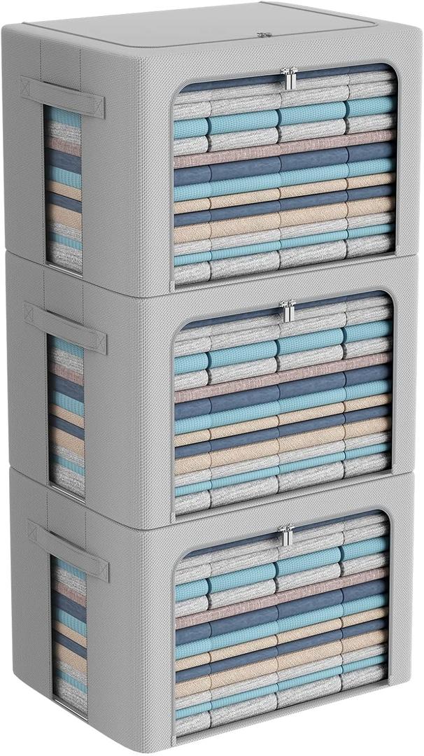 3Pack Frame Storage Box - Clothes Storage Bin Bags Oxford Fabric Foldable Stackable Container Organizer Set with Clear Window & Carry Handles (Grey, Extra Large-100L)