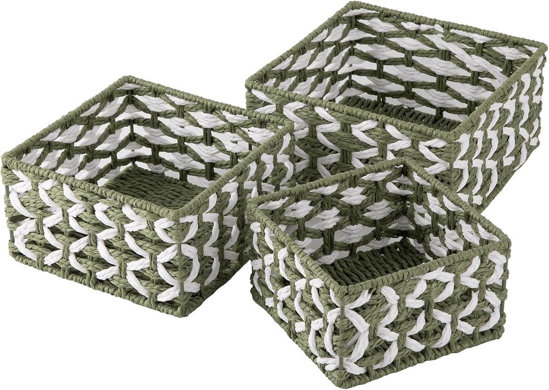 OIAHOMY Storage Baskets Paper Rope Shelf Baskets, Handwoven Small Wicker Bins for Home, Set of 3-Green & White