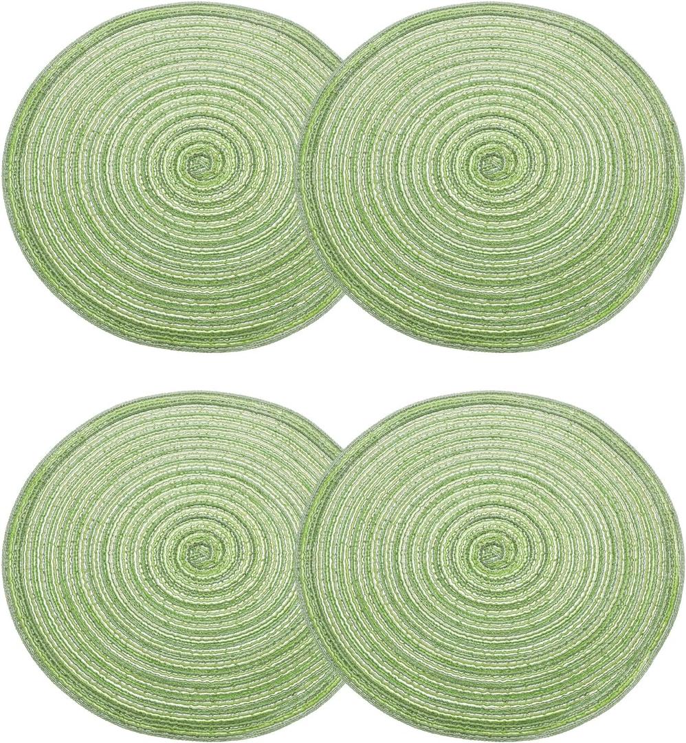 HARFINGTON 4pcs Round Braided Placemats 12" Non-Slip Round Table Mats for Dining Tables Washable Heat Insulation Woven Placemats Indoor Outdoor for Family Holiday Dinner, Green