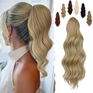 FELENDY 16" Ponytail Extension Long Curly Wavy Ponytails Clip in Claw Hair Extension Pony Tails Natural Looking Synthetic Hairpiece for Women Ash Blonde