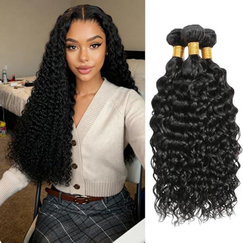 Human Hair Bundles 16 18 20 Inch Water Wave Human Hair Bundles 100% Unprocessed Brazilian Virgin Hair 12A Curly Bundles 3 Bundles for Women Wet and Wave Hair Extensions Natural Black Color