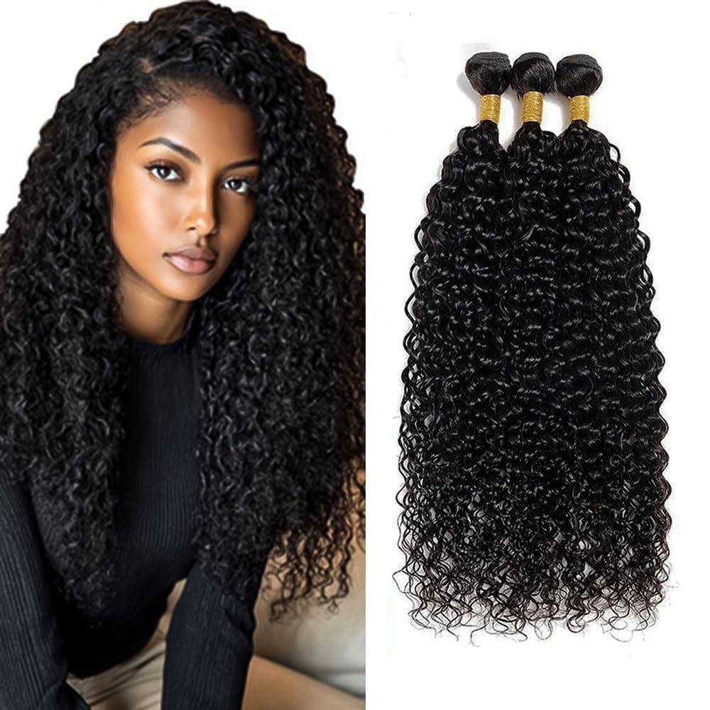 Color 1B Human Hair Kinky-curly Bundles 22 24 26 inch 3 Bundles Double Weft Unprocessed Brazilian Virgin Hair Extensions 10A Grade Natural Color Curly Wave Bundles Silky Soft for Women