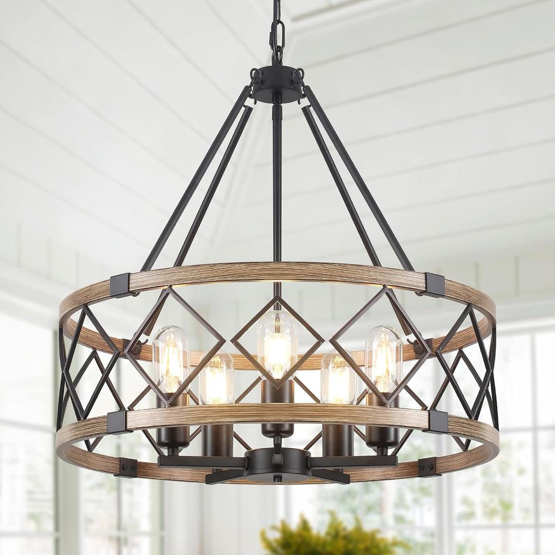 20'' Rustic Chandeliers for Dining Room, 5-Light Metal Wood Grain Drum Chandelier Foyer Lighting Fixtures, Farmhouse Chandelier Hanging Light Fixture for Entryway Bedroom Living Room