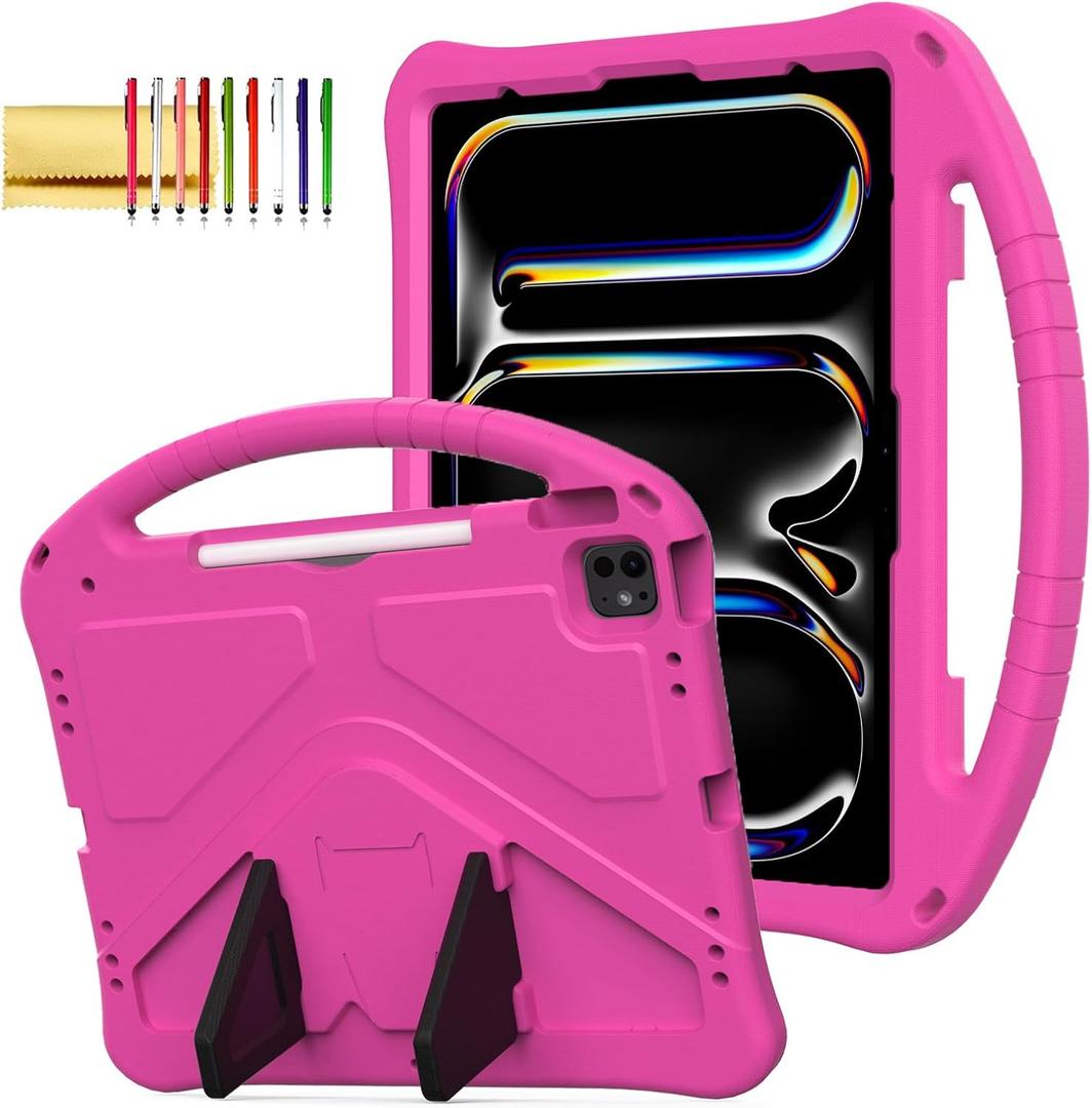 Kids Case for iPad Pro 13" 2025 2024/Air 13" M3 M2, iPad Pro 12.9 2018-2022 Cover with Pencil Holder, Techcircle Lightweight Shockproof EVA Foam Handle Stand Anti-Slip Grip Rugged Case, Rose