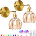 Battery Operated Wall Sconce with Remote, Vintage Rechargeable Wall Sconces Set of Two, Dimmable RGB Bulbs Amber Tulip Glass Wireless Wall Lights for Bedroom Living Room Sconces Wall Decor Set of 2