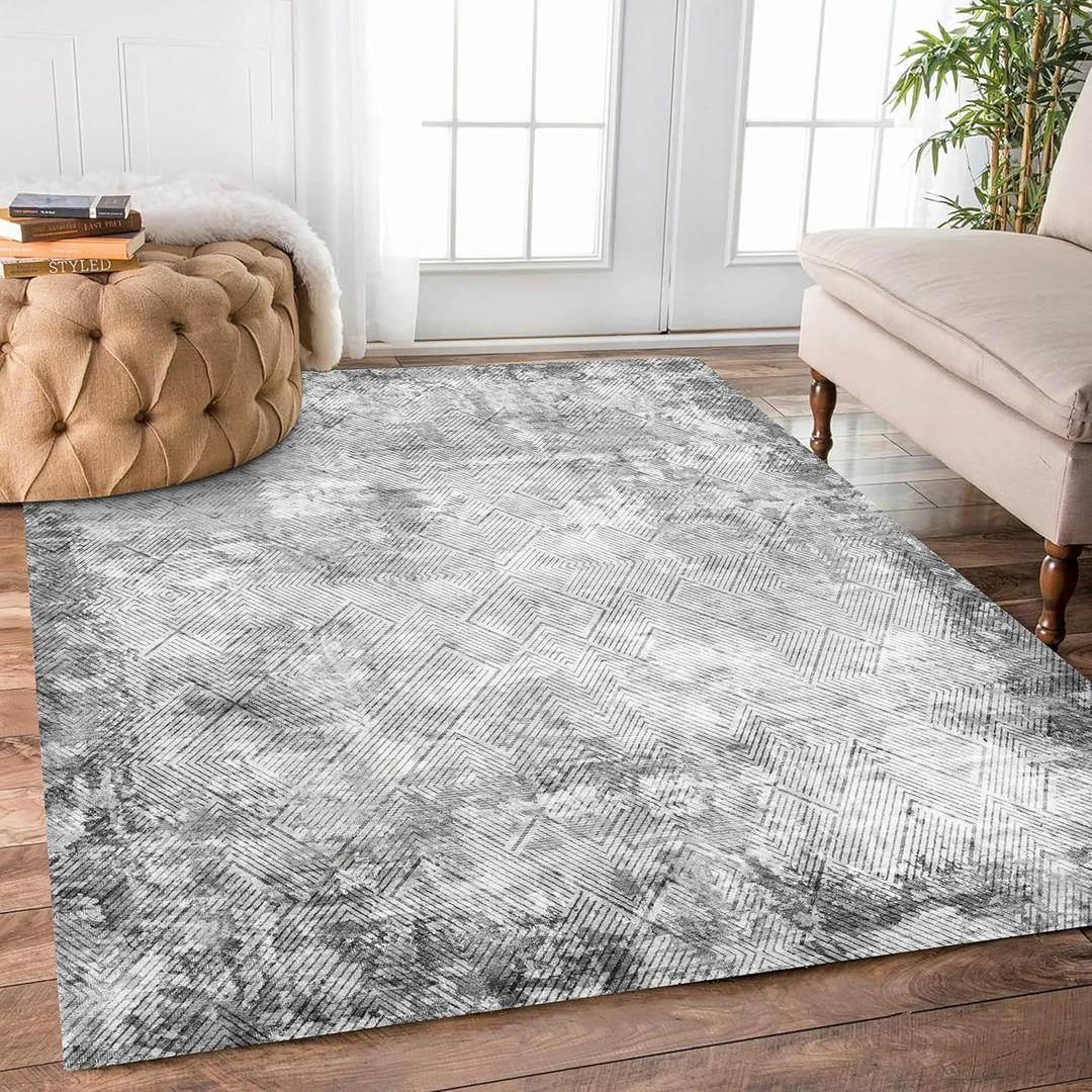 5' x 7' Washable Area Rug - Low Pile Soft Vintage Indoor Rug for Living, Dining or Bedroom - Lightweight Carpet with Non-Slip Backing - Foldable for Easy Placement, Grey (5' x 7' (Rectangular), Texture-grey)