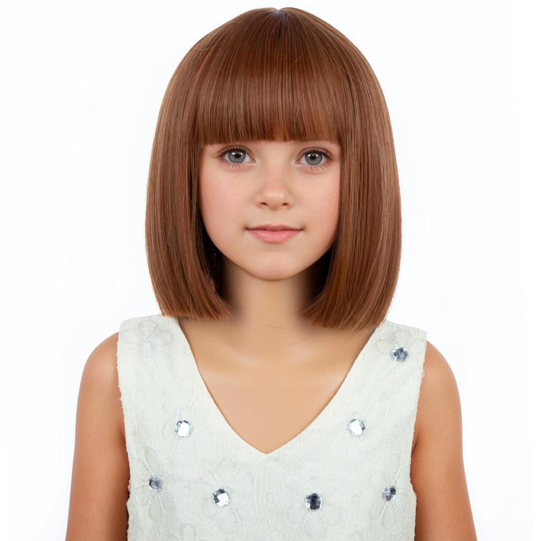 Kids Dark Orange Wig Child Short Orange Brown Bob Wig for Girls Cosplay Party Synthetic Rose Net Daily Wear Wigs
