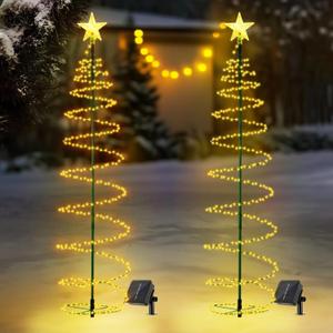 Varku 2-Pack Solar-Powered Christmas Tree Lights, Metal Decors, Spiral LED Lights for Outdoor Decor