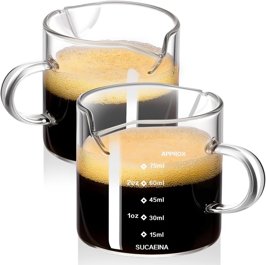 Espresso Cups Set of 2 with Handle, 2.5 OZ Double Spout Espresso Shot Cups Glass Measuring Cup with Dual Scale, Espresso Shot Glass with V-Shaped Mouth, Espresso Accessories
