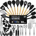 Kaluns 50 PCS Silicone Kitchen Utensils Set Complete Kitchen Set - 800F Heat Resistant Non-Stick Premium Cooking Utensils W Wooden Handles - Can Opener, Masher, Turner, Silicone Spatula Set (Black)