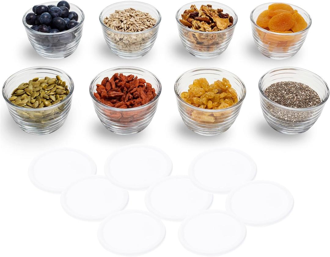 Libbey Small Glass Bowls, Glass Containers with Lids Set of 8 to Keep Leftovers Fresh, Meal Prepping and More, Dishwasher Safe Small Bowls for Dips