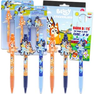 Bluey Pens for Kids Set - 6 Pc Bluey Ballpoint Pens Party Supplies Bundle Featuring Bluey and Bingo Plus Stickers and Door Hanger | Bluey Party Favors for Toddlers, Kids