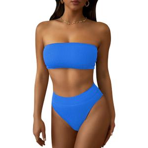 Pink Queen Strapless Swimsuits for Women Sexy Ribbed Bandeau Bikini Top Cheeky High Rise Bathing Suit Blue, Medium 