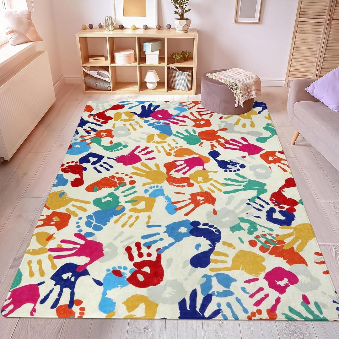 STARUIA Colorful Kids Rug for Playroom 8x10, Large Handprints and Footprints Classroom Rug, Non-Slip Washable Area Rugs for Kids Room Nursery, Soft Throw Carpet Indoor Playmat for Living Room Bedroom