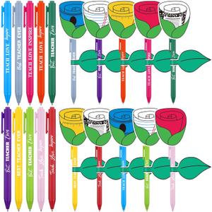 Tenceur 60 Sets End of Year Teacher Pens Gift Bulk with Rose Flower Cards Inspirational Teachers Gifts Bulk Ballpoint Pens Thank You Teacher Gift for Graduation Back to School Office Supplies