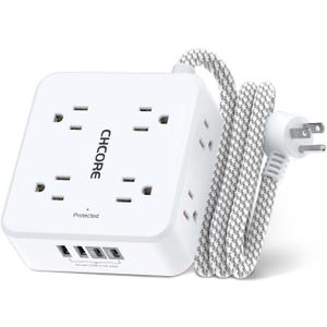 Surge Protector Power Strip - CHCORE Braided Extension Cord with 8 Outlets with 4 USB (2 USB C) Charging Ports, Flat Plug Multi Plug Outlet Extender Charging Station for Home Office, ETL, White