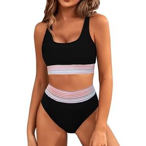 BMJL Women's High Waisted Bikini Sets Sporty Two Piece Swimsuits Color Block Cheeky High Cut Bathing Suits, Medium