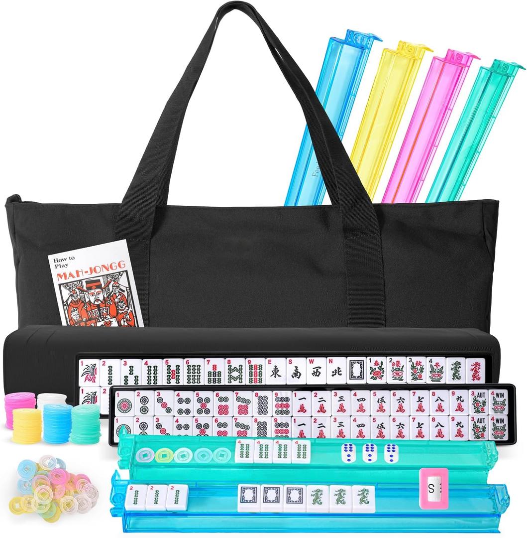Mahjong Tile Set with 166 White Mahjong Tiles - American Mahjong Game Tile Set, 4 All-in-One Racks with Pushers, Includes Carrying Bag - Mahjong Cards 2025