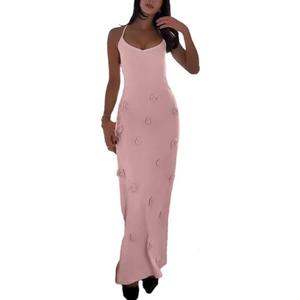 Women's Knit Maxi Dress Spaghetti Strap Floral Dresses Bodycon Knitted Beach Long Dress Backless Swim Cover up Dresses, size -M