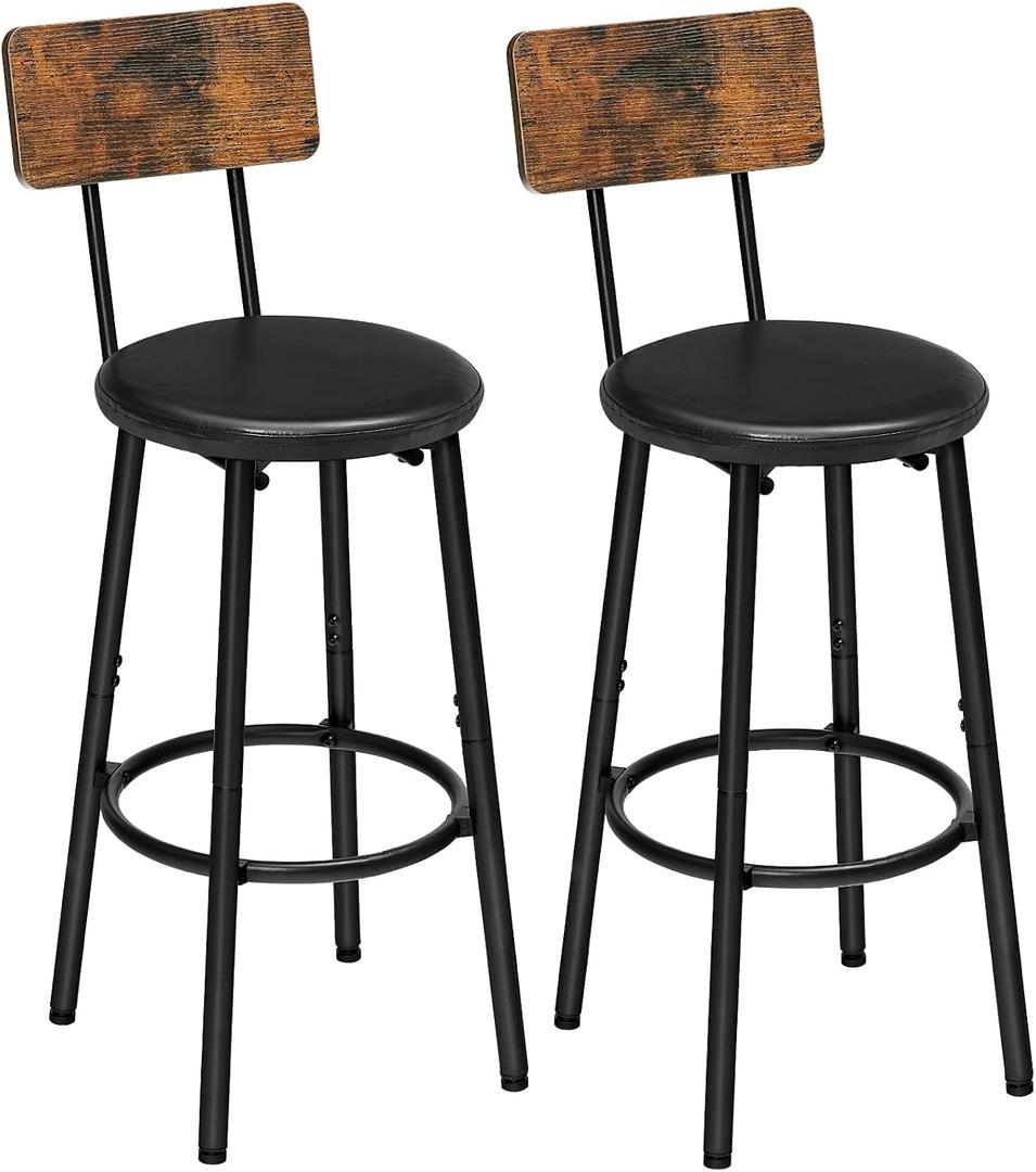 HOOBRO Bar Stools, Bar Stools Set of 2 with PU Upholstered, Bar Chairs with Footrest and Back, 26" Bar Stools for Kitchen Island, Dining Room, Easy to Assemble, Rustic Brown and Black BF31BY01G2, 13"L x 13"W x 36.6"H