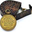 Be Strong and Courageous (Joshua 1:9) Brass Compass with wooden Box-Engraved Scripture Prayer Compass Religious Gift for Men & Women - Baptism, Confirmation, Communion Compass for Boys Graduation Gift