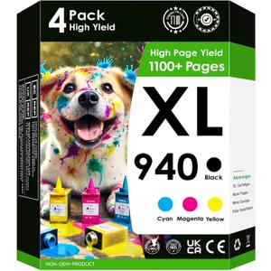 Compatible Replacement for 940xl. Works with OfficeJet Pro 8500 8500A A909a 8000 A809a A910a Printers. 4 Pack (Black, Cyan, Magenta, Yellow)