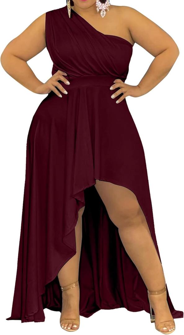 Ekaliy Women's Plus Size One Shoulder Dress Sexy High Low Irregular Hem Flowy Party Cocktail Maxi Dress (Burgundy), XL